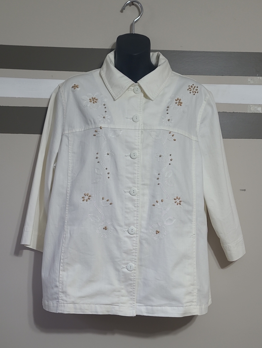 Vintage TanJay White Embroidered Denim Chic Button-Front Jacket Sz 16
